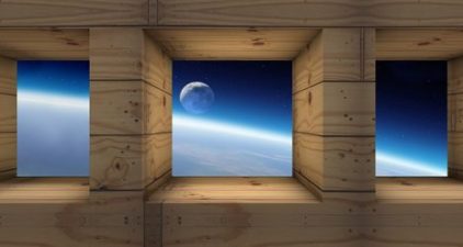 a niche view of moon through box windows